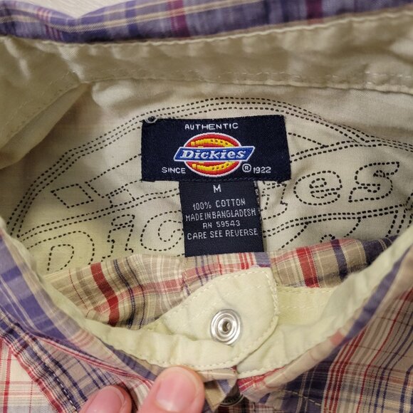 Mens Dickies Snap Button Logo Short Sleeve Shirt Sz M Striped Blue Tan - Picture 4 of 5